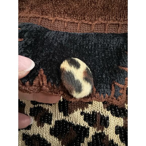 Berek Sweater Womens L Brown Animal Print Leopard Beaded Cardigan Button Vintage - Picture 12 of 16